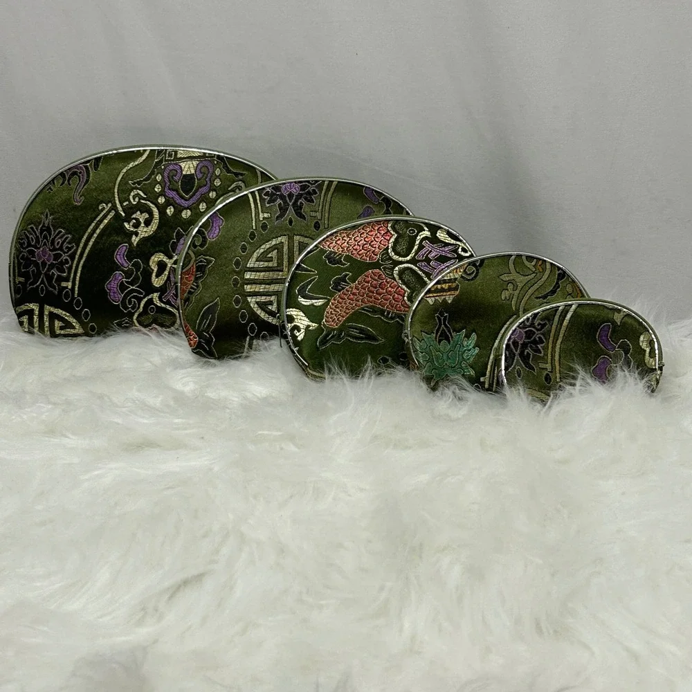Nested Cosmetic Bags Set of 5 Olive Green‎ Floral and Koi Fish Makeup Pouches